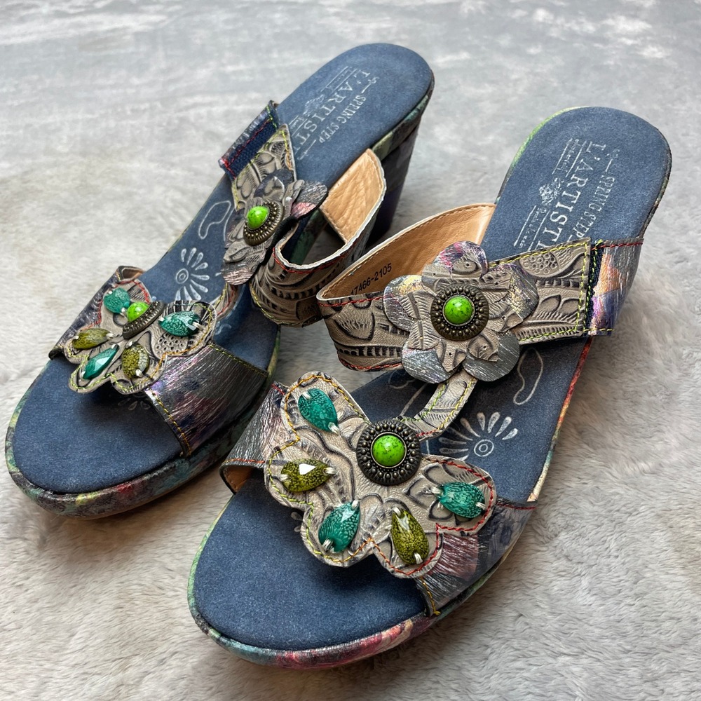 Spring Step L'Artiste Meliauna Sandals Size 10.5-11/42 Floral Beaded Boho Heels